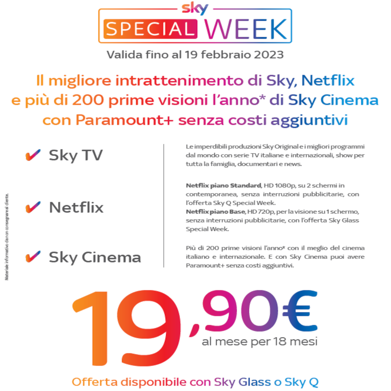 Special Week Sky TV + Cinema + Netflix a 19,90€