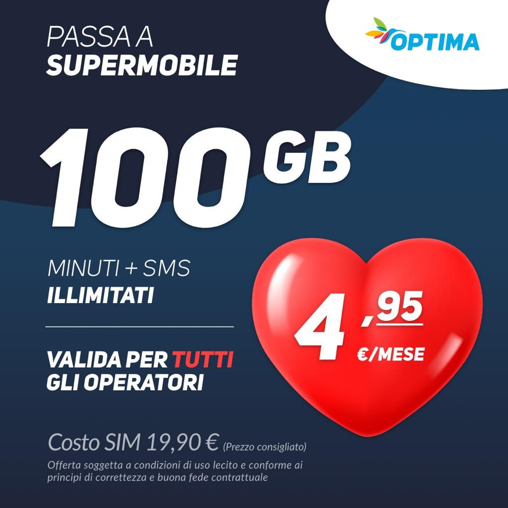 Optima Super Mobile: tutto illimitato e 100 GB ad appena 4,95 euro al mese